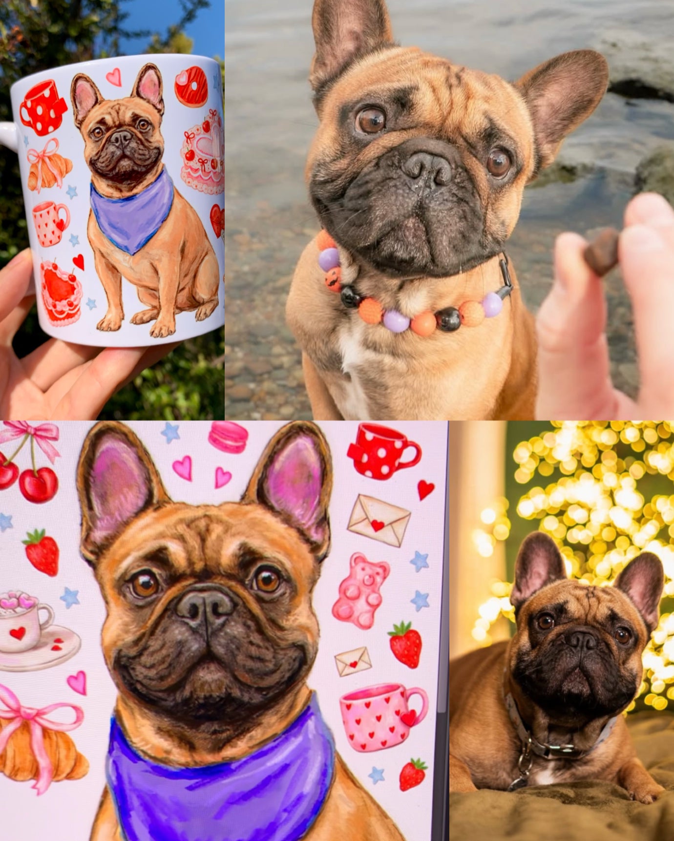 Francia bulldogos bögre - Kézzel festett Francia bulldog mintával és süteményes mintákkal