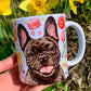 Francia bulldogos bögre - Kézzel festett Francia bulldog mintával és mancsos virágos tavaszi mintákkal