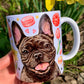 Francia bulldogos bögre - Kézzel festett Francia bulldog mintával és mancsos virágos tavaszi mintákkal