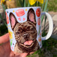 Francia bulldogos bögre - Kézzel festett Francia bulldog mintával és mancsos virágos tavaszi mintákkal