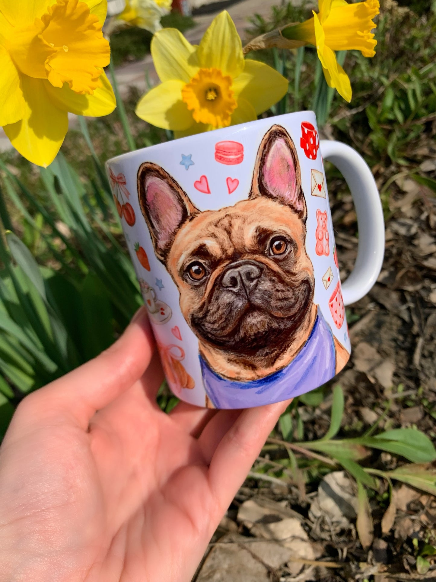 Francia bulldogos bögre - Kézzel festett Francia bulldog mintával és süteményes mintákkal