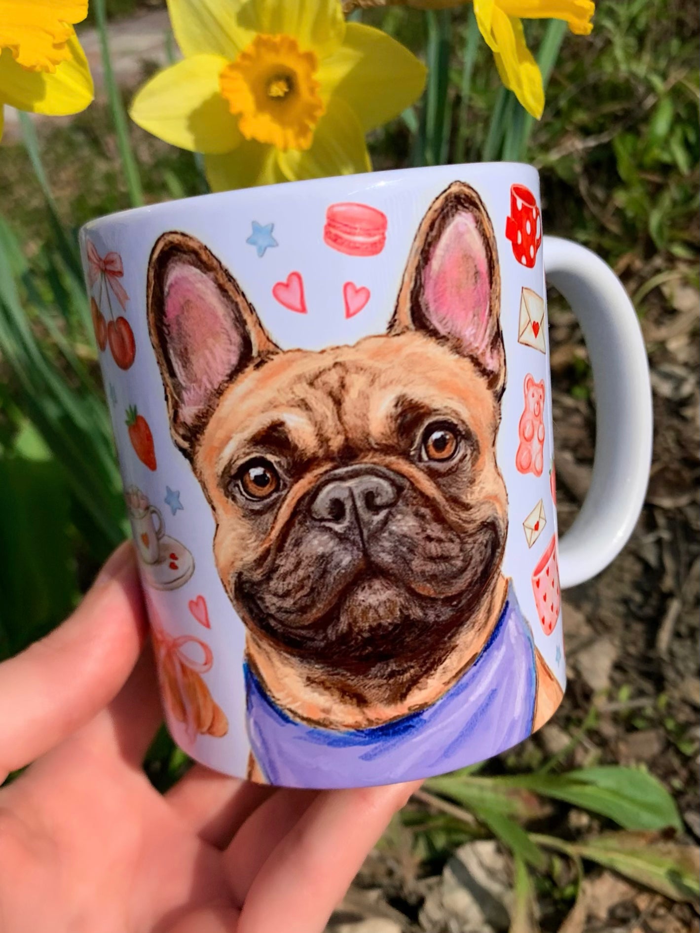 Francia bulldogos bögre - Kézzel festett Francia bulldog mintával és süteményes mintákkal