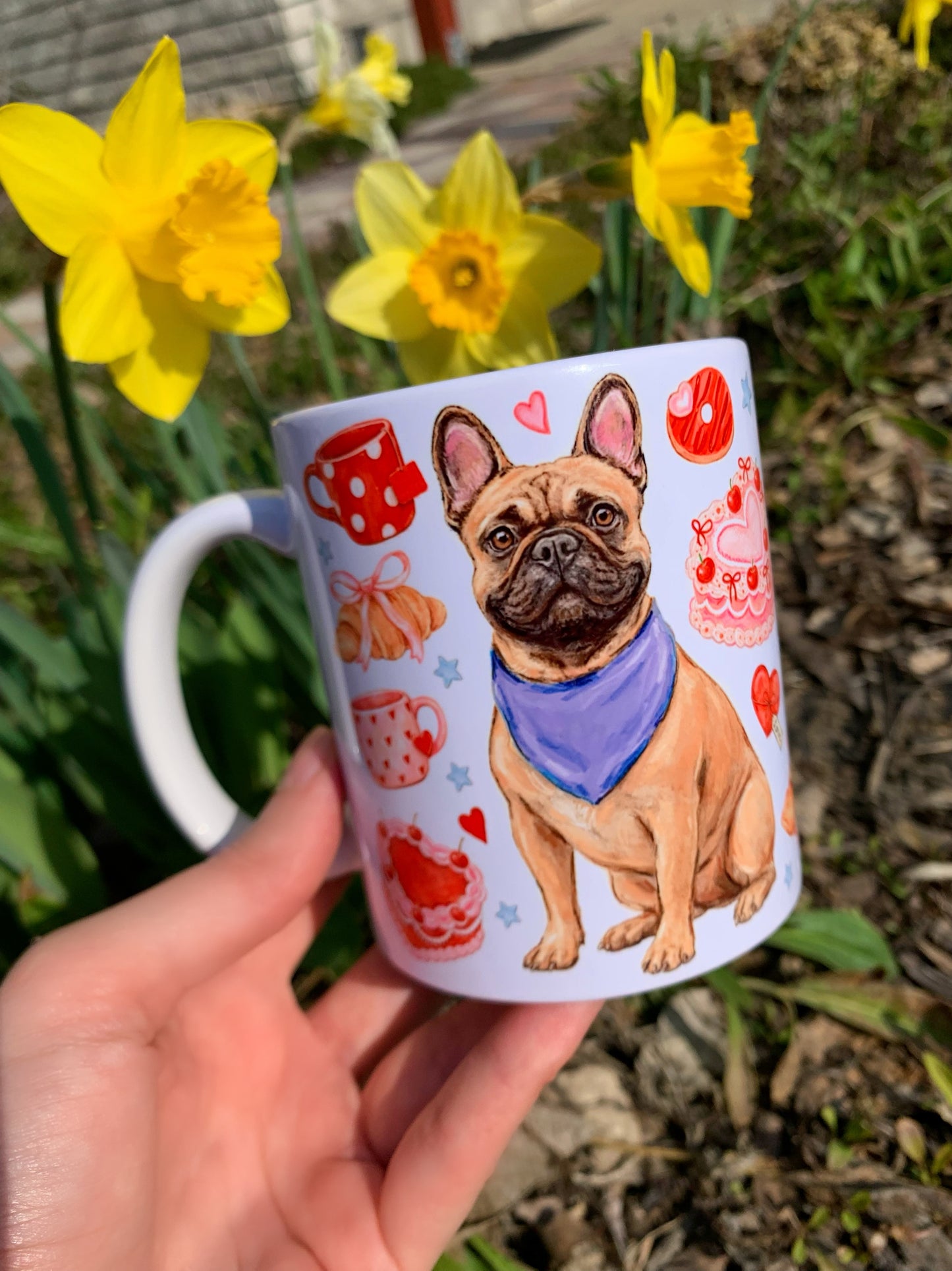 Francia bulldogos bögre - Kézzel festett Francia bulldog mintával és süteményes mintákkal