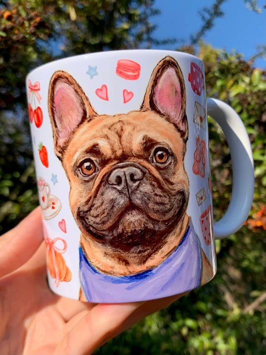 Francia bulldogos bögre - Kézzel festett Francia bulldog mintával és süteményes mintákkal