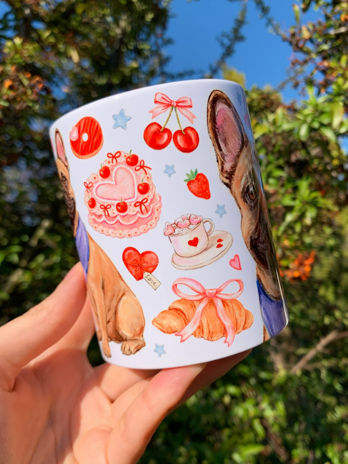 Francia bulldogos bögre - Kézzel festett Francia bulldog mintával és süteményes mintákkal