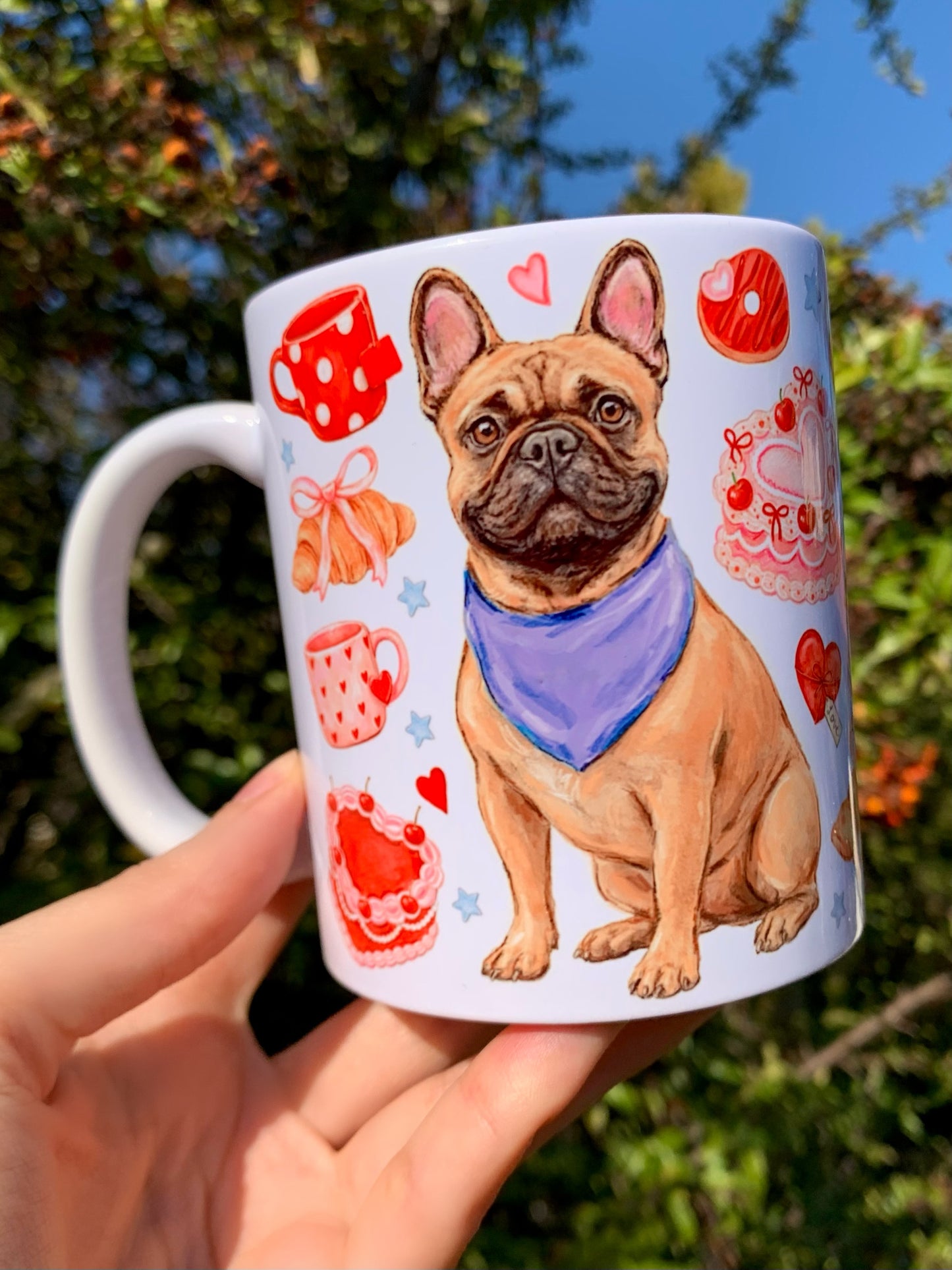 Francia bulldogos bögre - Kézzel festett Francia bulldog mintával és süteményes mintákkal