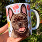 Francia bulldogos bögre - Kézzel festett Francia bulldog mintával és mancsos virágos tavaszi mintákkal