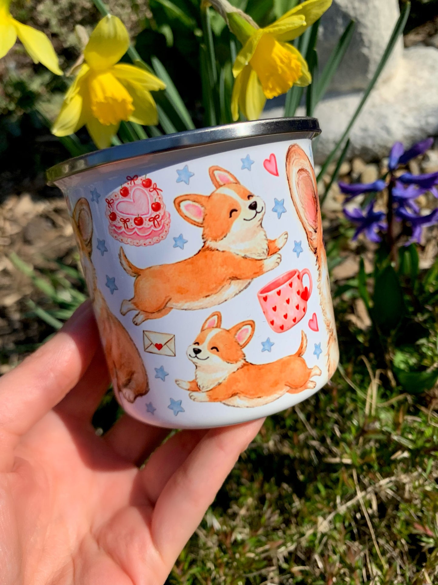 Corgi kutyás bögre - Kézzel festett ugró Corgi mintákkal