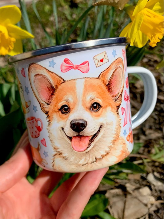 Corgi kutyás bögre - Kézzel festett ugró Corgi minta és süti mintákkal