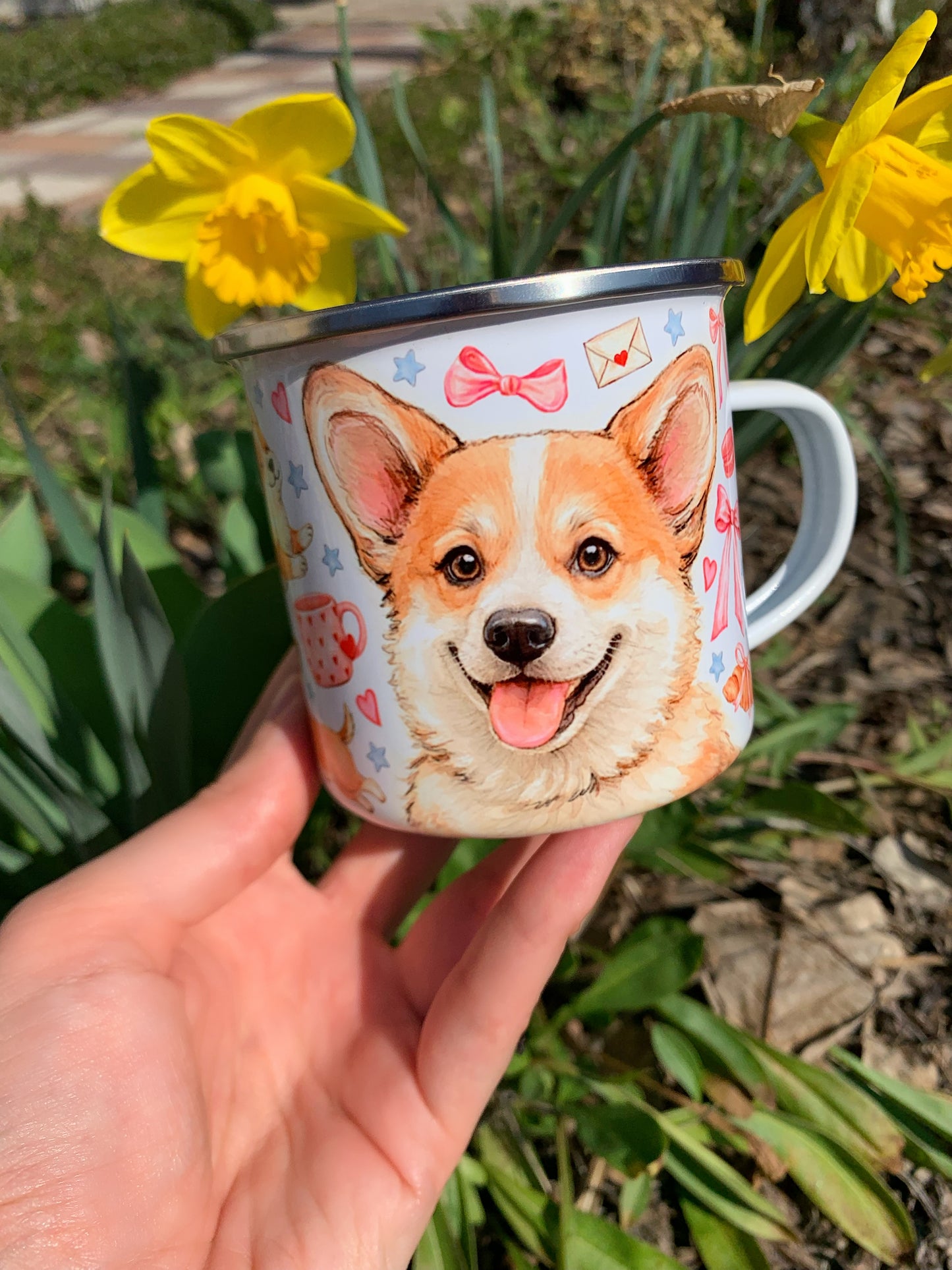 Corgi kutyás bögre - Kézzel festett ugró Corgi mintákkal