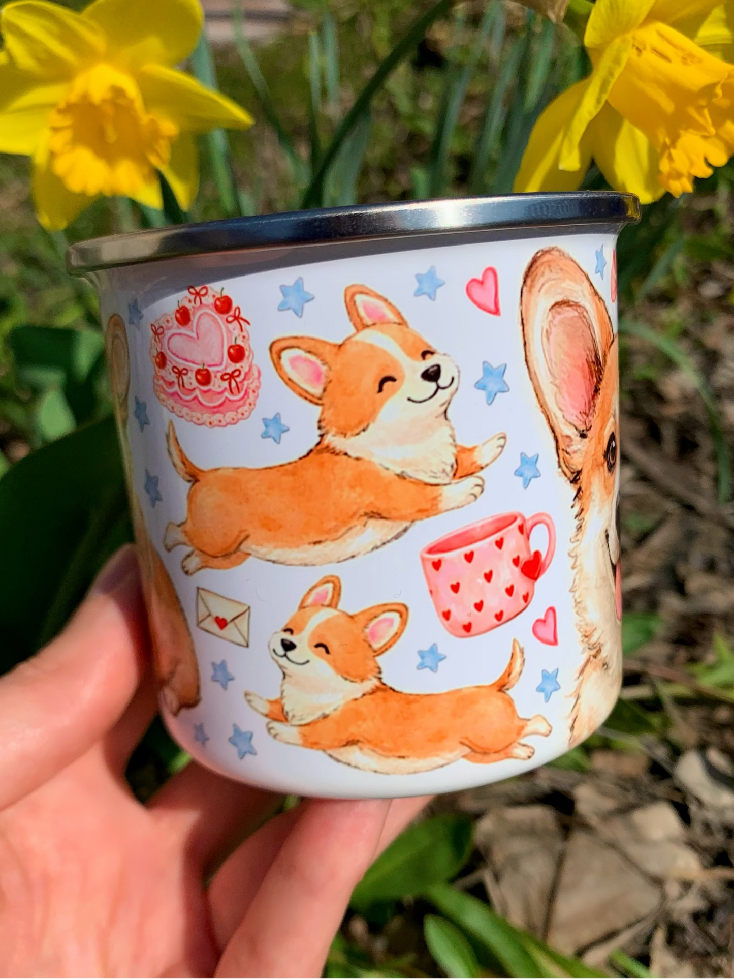 Corgi kutyás bögre - Kézzel festett ugró Corgi mintákkal