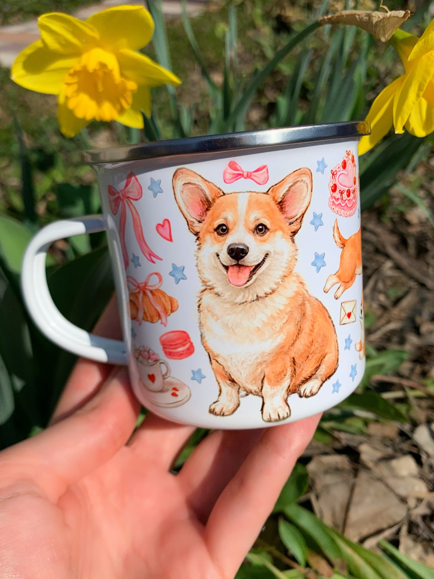 Corgi kutyás bögre - Kézzel festett ugró Corgi mintákkal
