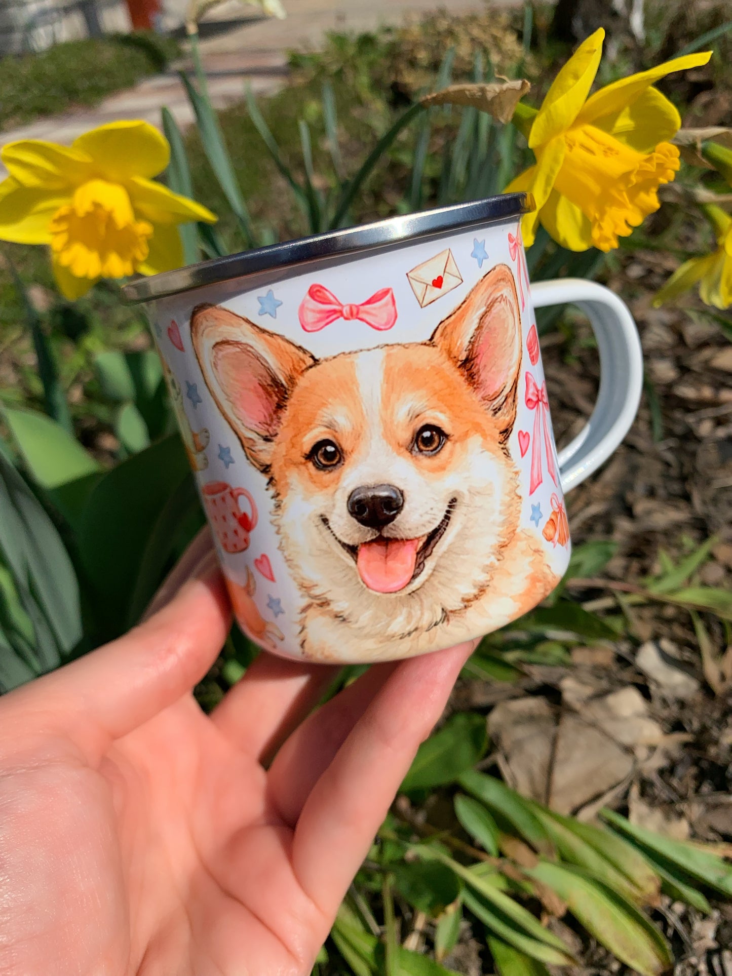 Corgi kutyás bögre - Kézzel festett ugró Corgi minta és süti mintákkal