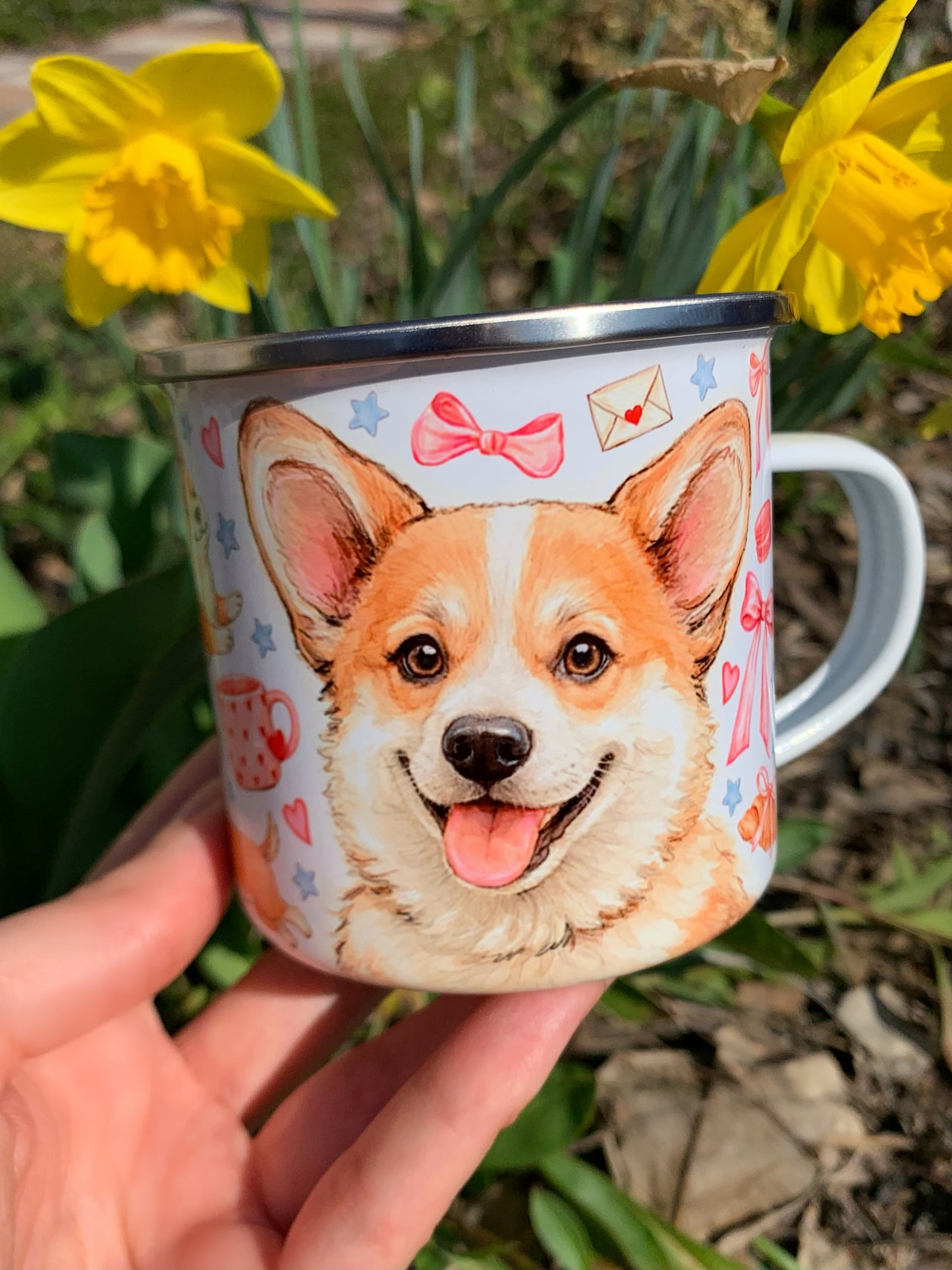 Corgi kutyás bögre - Kézzel festett ugró Corgi mintákkal