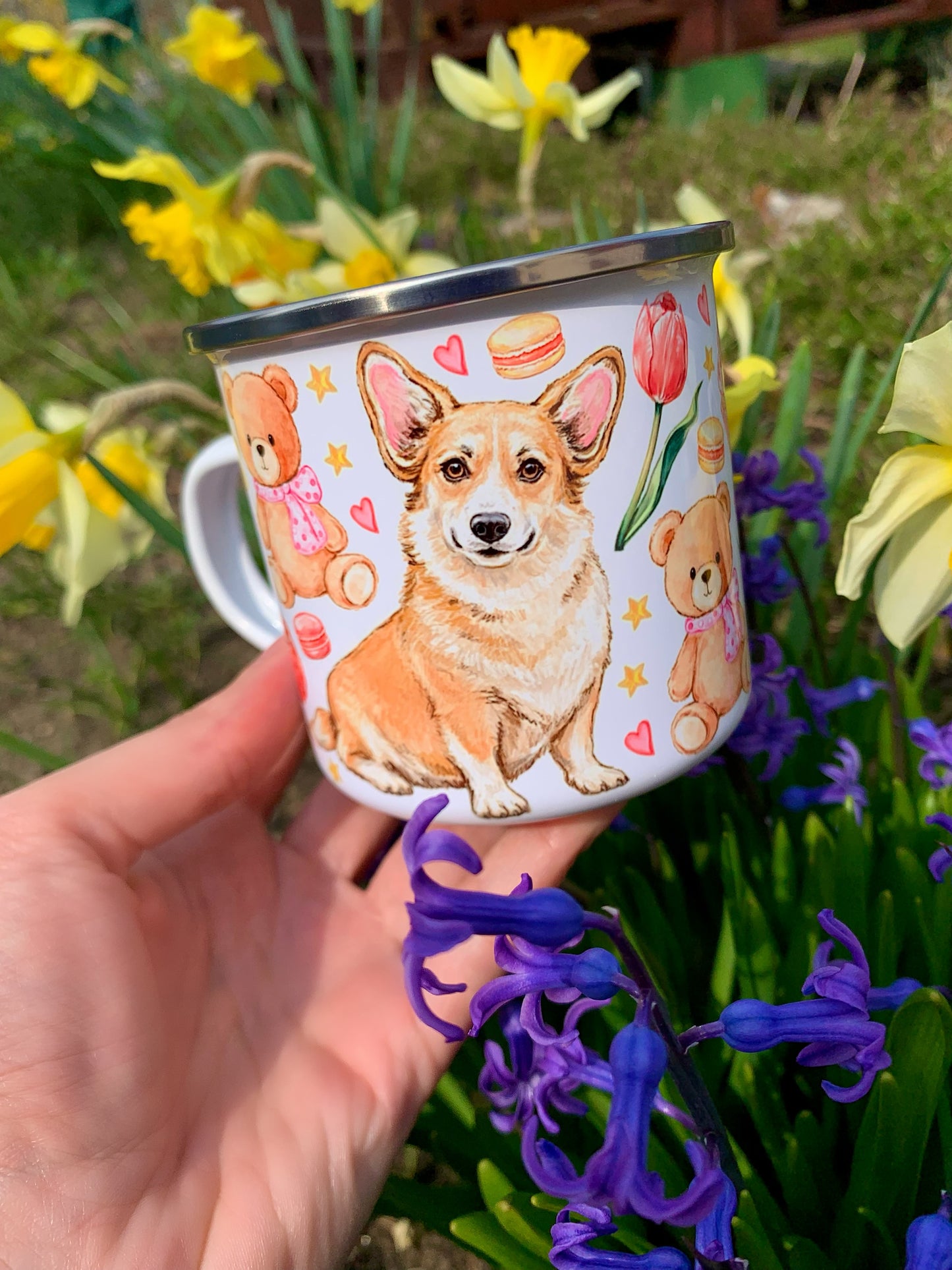 Corgi kutyás bögre - Kézzel festett Corgi kutya Maci süti és virág mintákkal