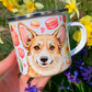 Corgi kutyás bögre - Kézzel festett Corgi kutya Maci süti és virág mintákkal
