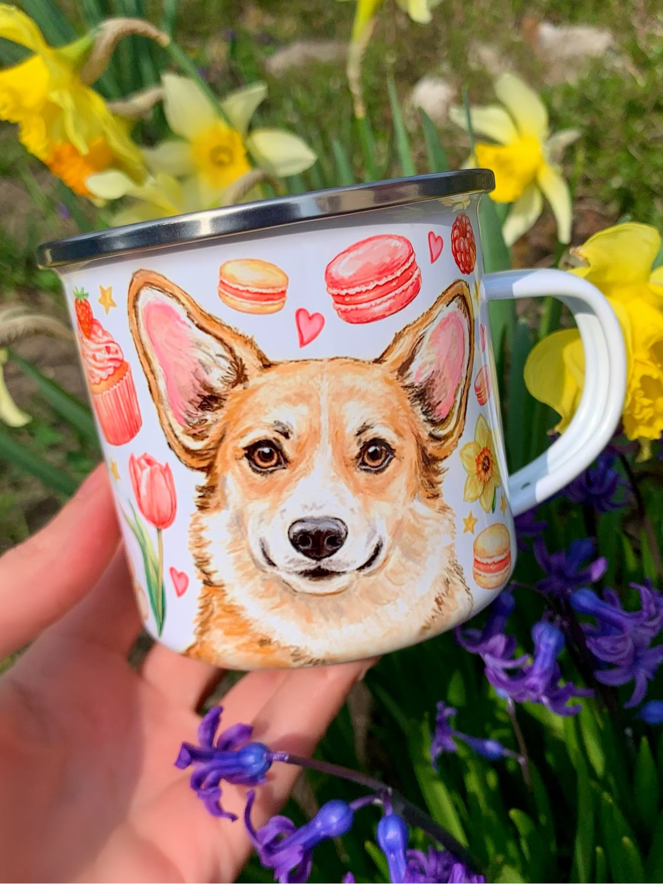 Corgi kutyás bögre - Kézzel festett Corgi kutya Maci süti és virág mintákkal
