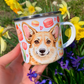 Corgi kutyás bögre - Kézzel festett Corgi kutya Maci süti és virág mintákkal