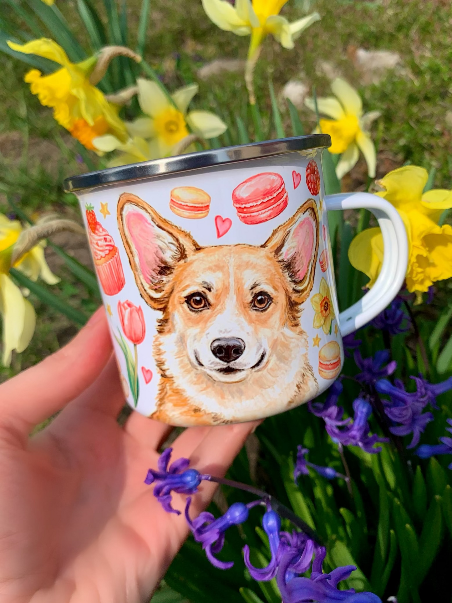 Corgi kutyás bögre - Kézzel festett Corgi kutya Maci süti és virág mintákkal