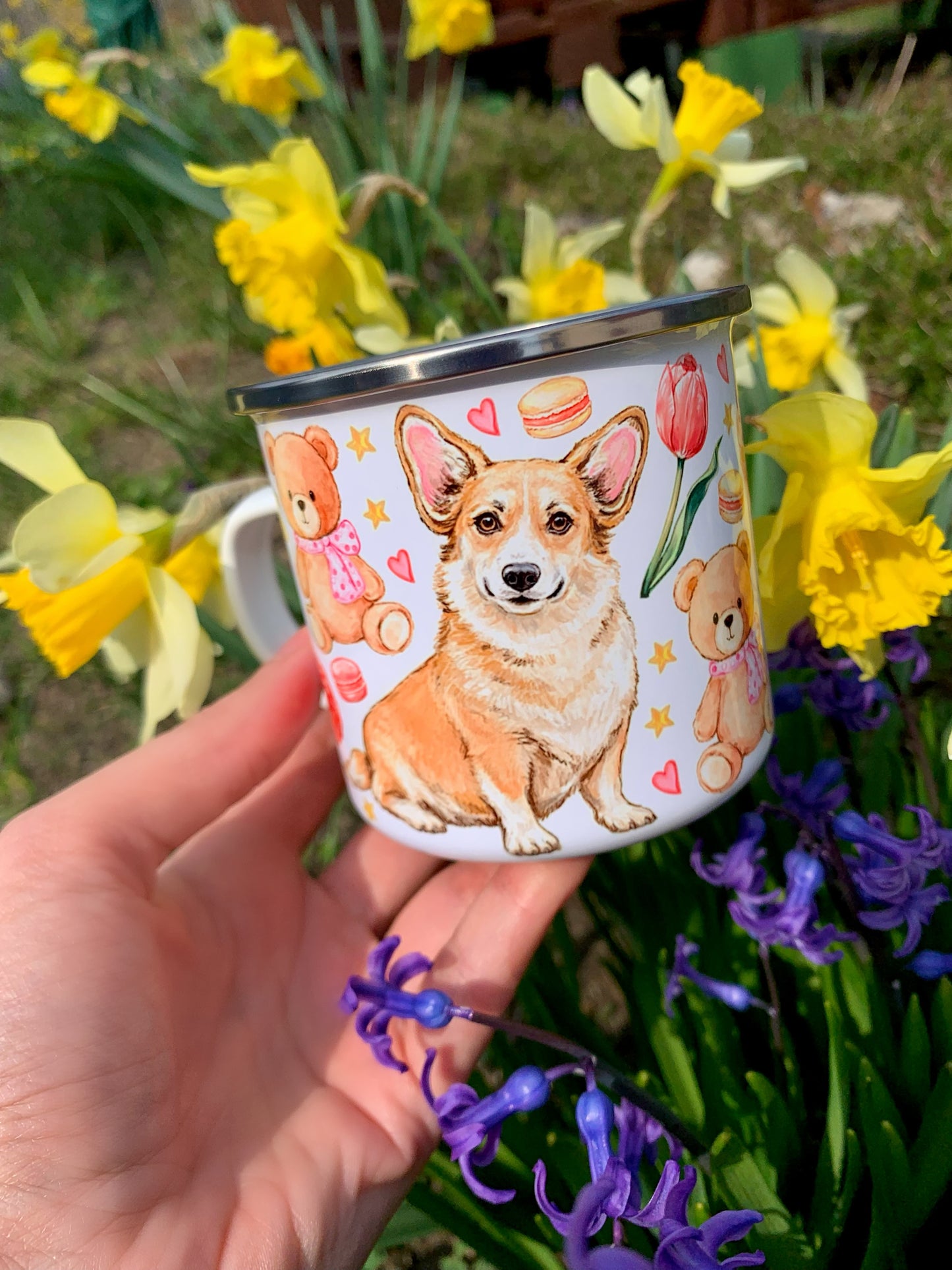 Corgi kutyás bögre - Kézzel festett Corgi kutya Maci süti és virág mintákkal