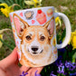 Corgi kutyás bögre - Kézzel rajzolt Corgi minta és Macis virágos minták