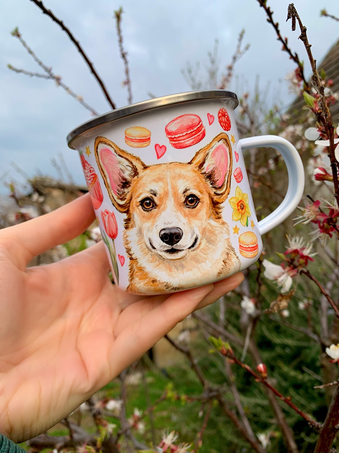 Corgi kutyás bögre - Kézzel festett Corgi kutya Maci és virág mintákkal