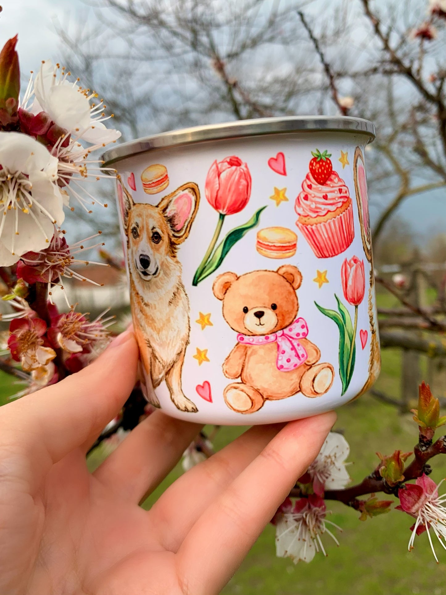 Corgi kutyás bögre - Kézzel festett Corgi kutya Maci és virág mintákkal