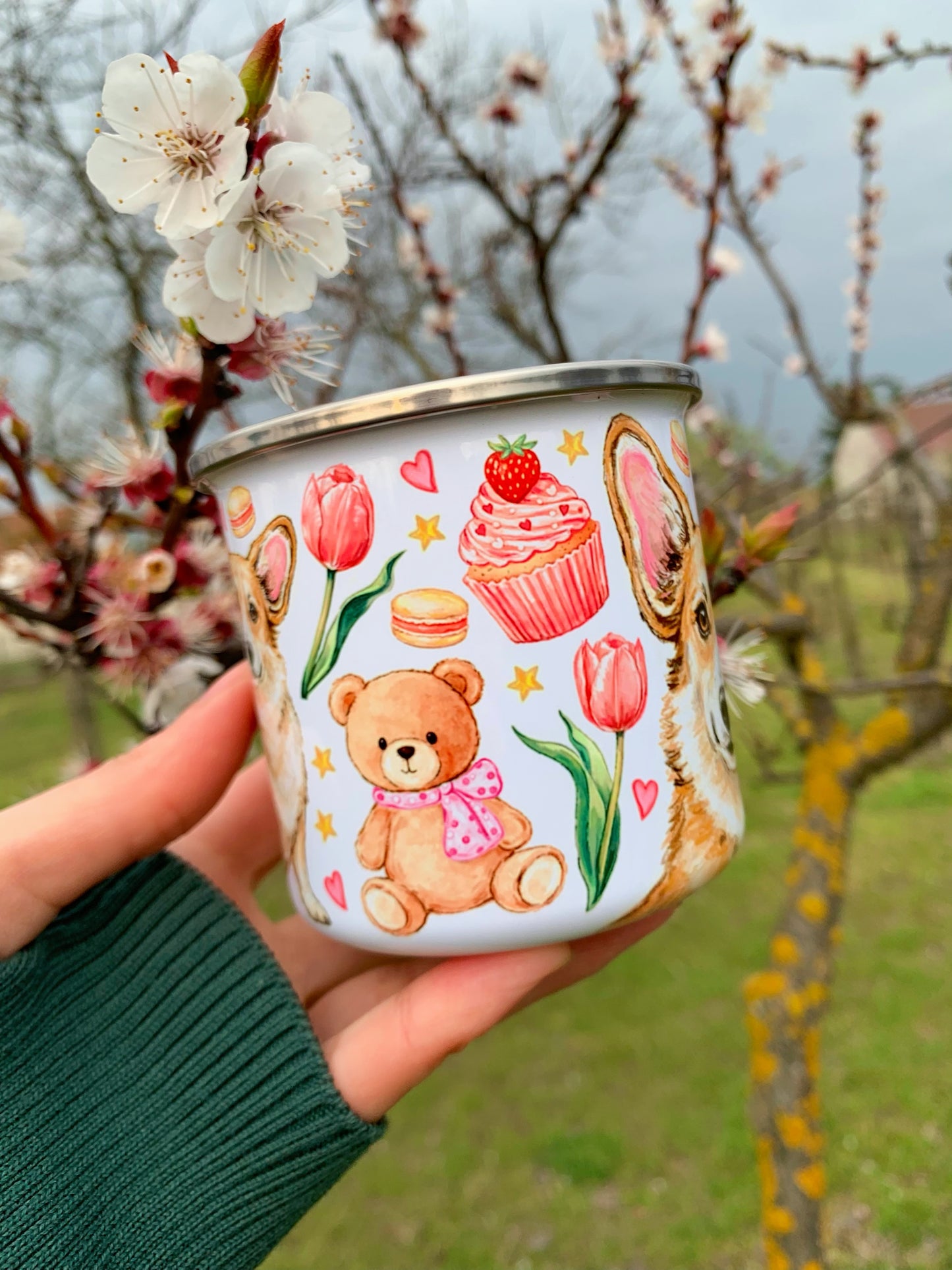 Corgi kutyás bögre - Kézzel festett Corgi kutya Maci és virág mintákkal