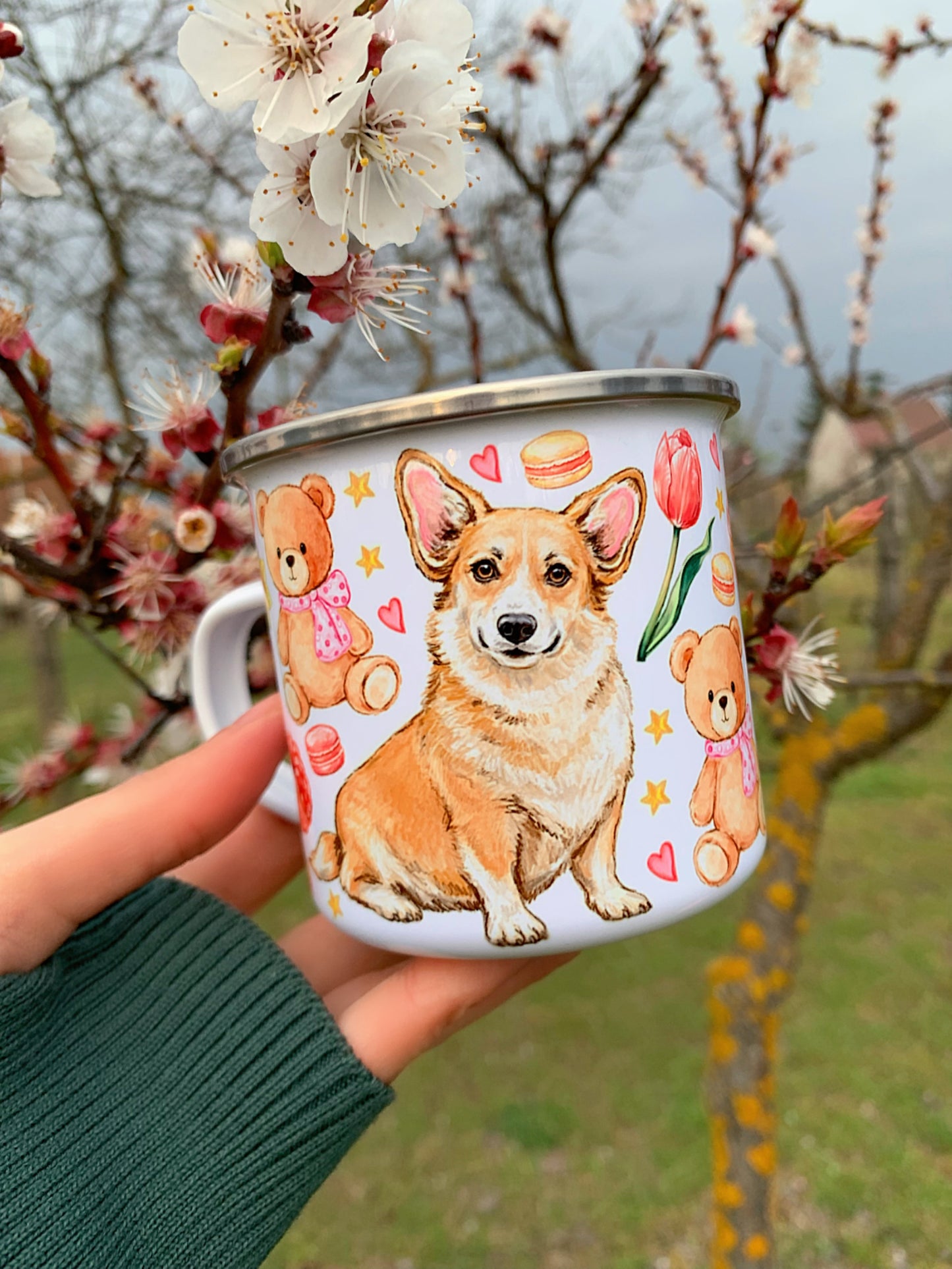 Corgi kutyás bögre - Kézzel festett Corgi kutya Maci és virág mintákkal