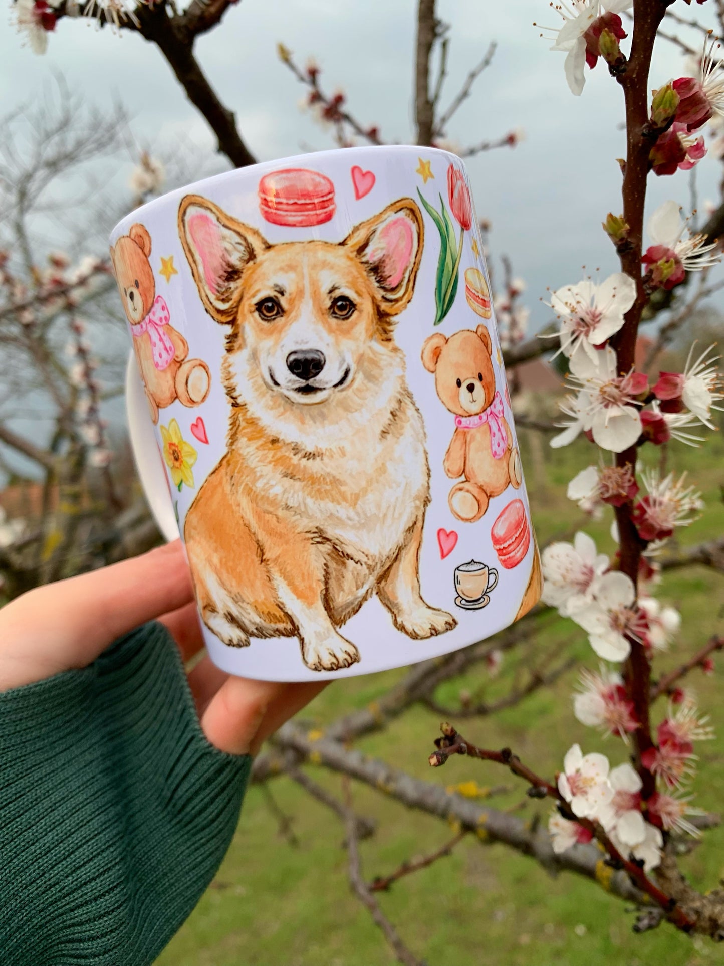 Corgi kutyás bögre - Kézzel rajzolt Corgi minta és Macis virágos minták