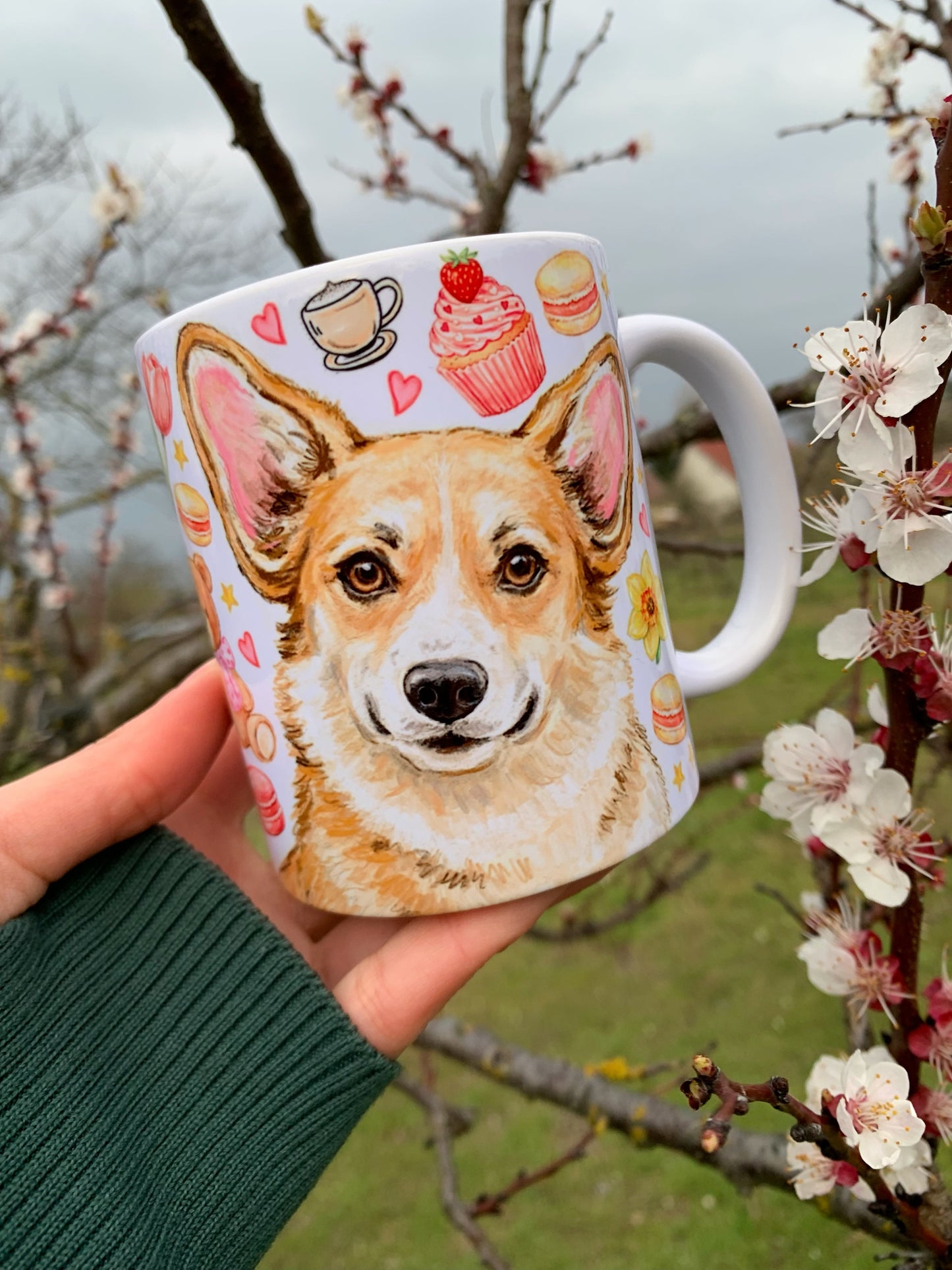 Corgi kutyás bögre - Kézzel rajzolt Corgi minta és Macis virágos minták