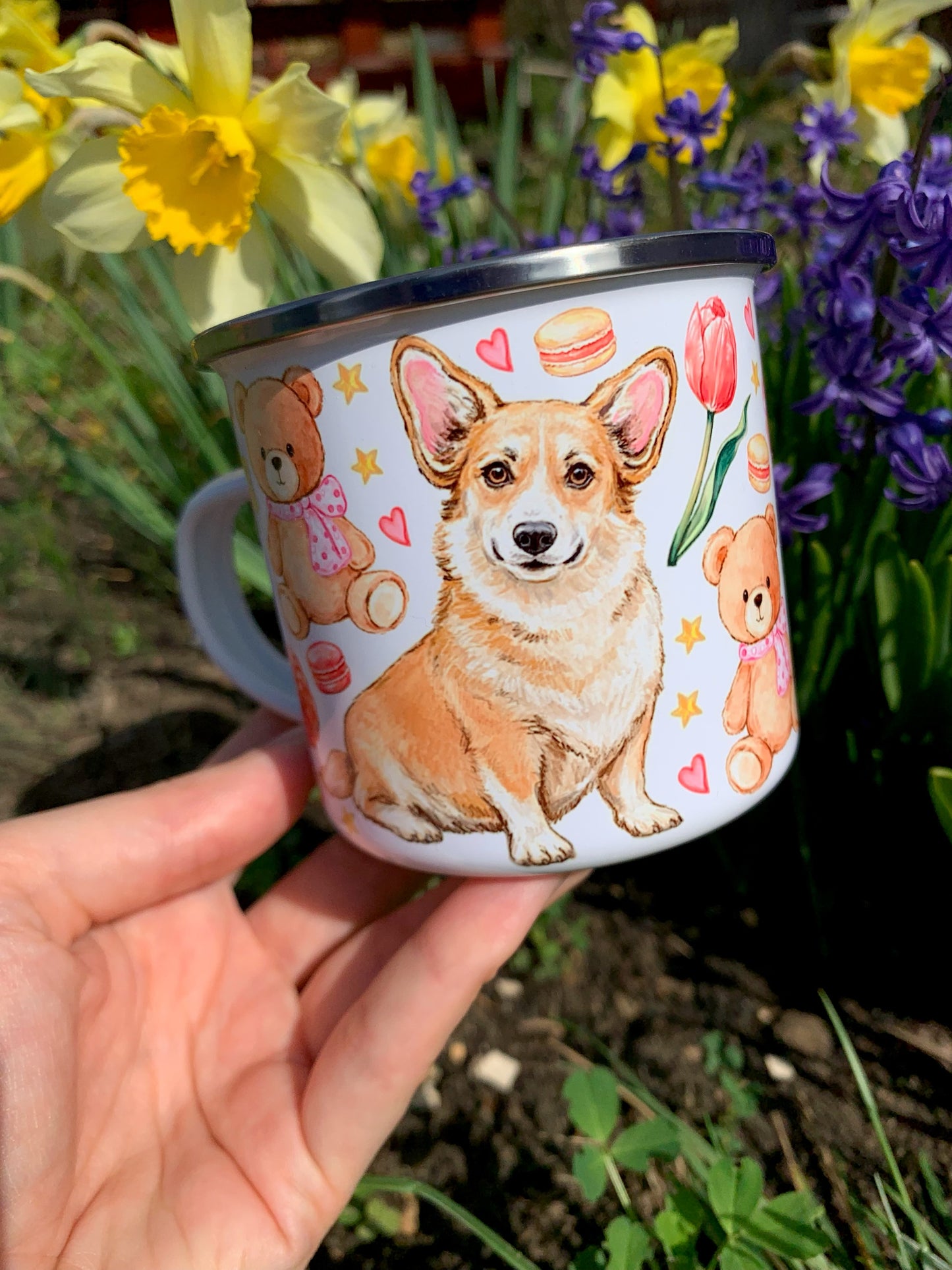 Corgi kutyás bögre - Kézzel festett Corgi kutya Maci süti és virág mintákkal