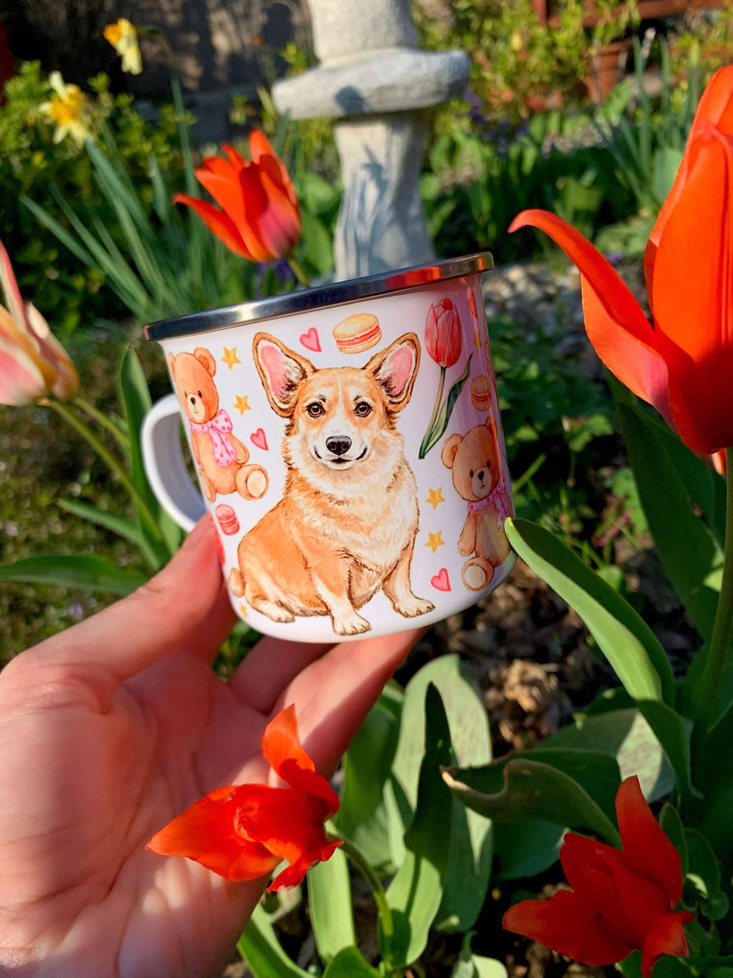 Corgi kutyás bögre - Kézzel festett Corgi kutya Maci süti és virág mintákkal