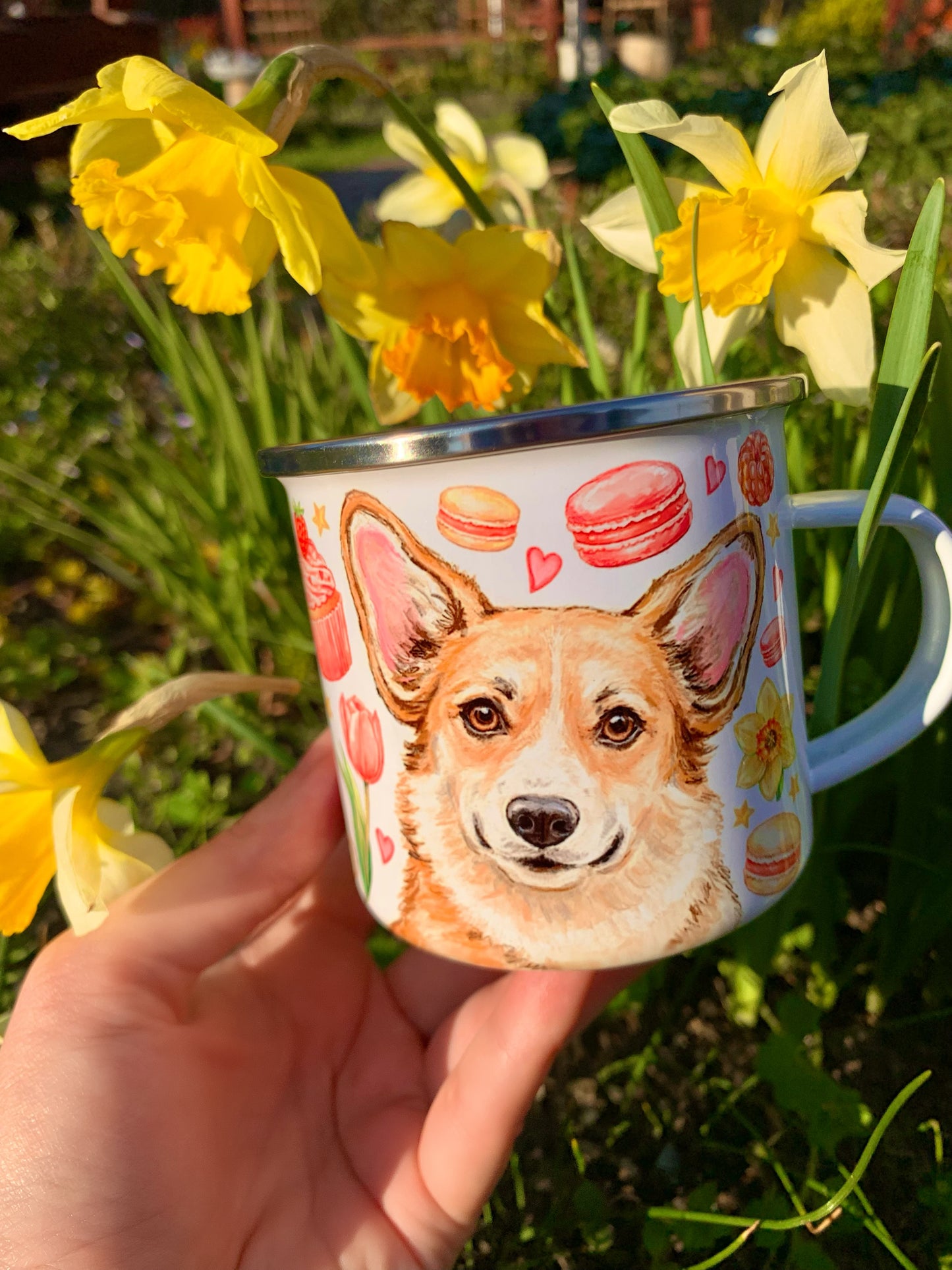 Corgi kutyás bögre - Kézzel festett Corgi kutya Maci süti és virág mintákkal