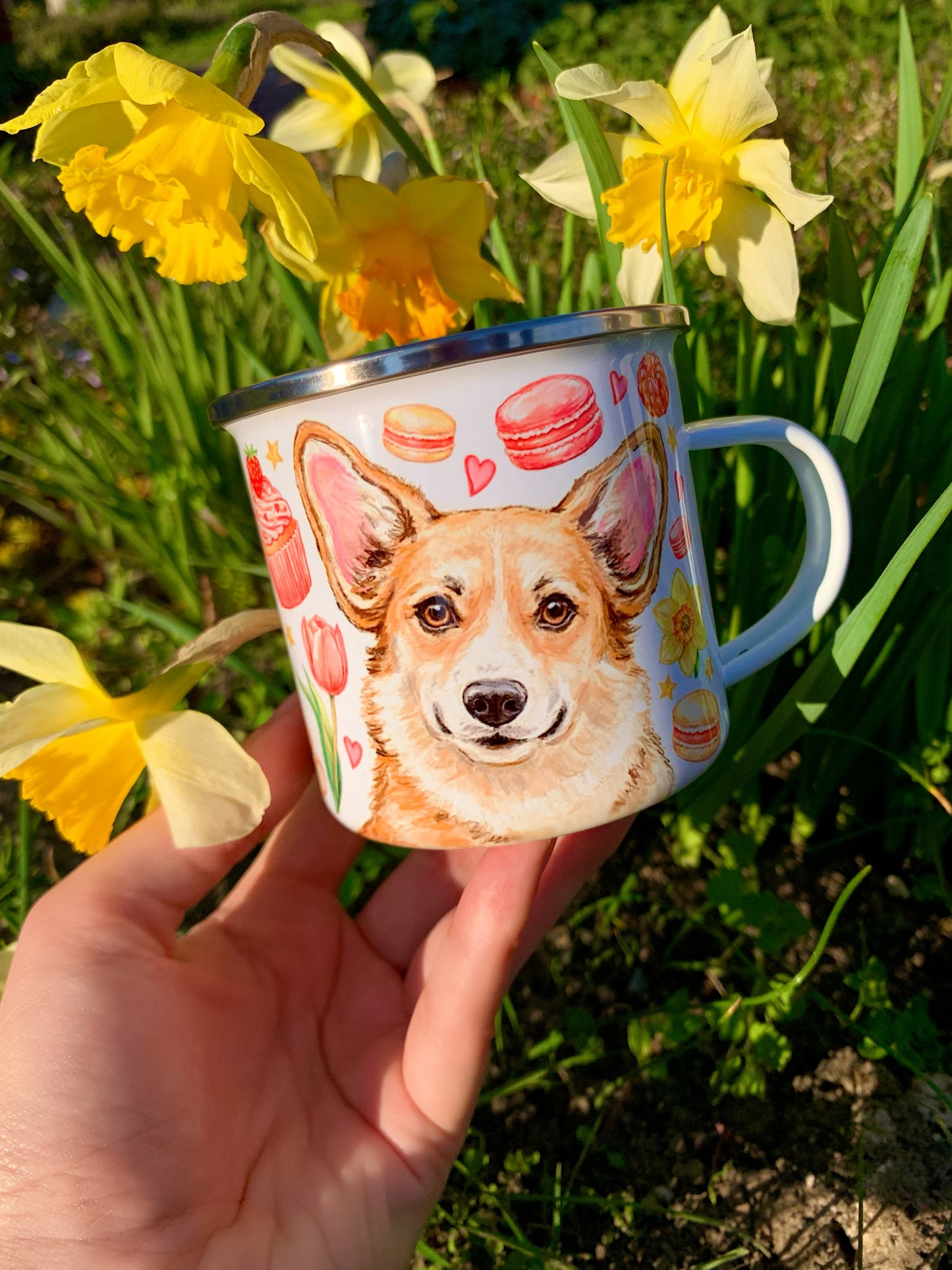 Corgi kutyás bögre - Kézzel festett Corgi kutya Maci és virág mintákkal