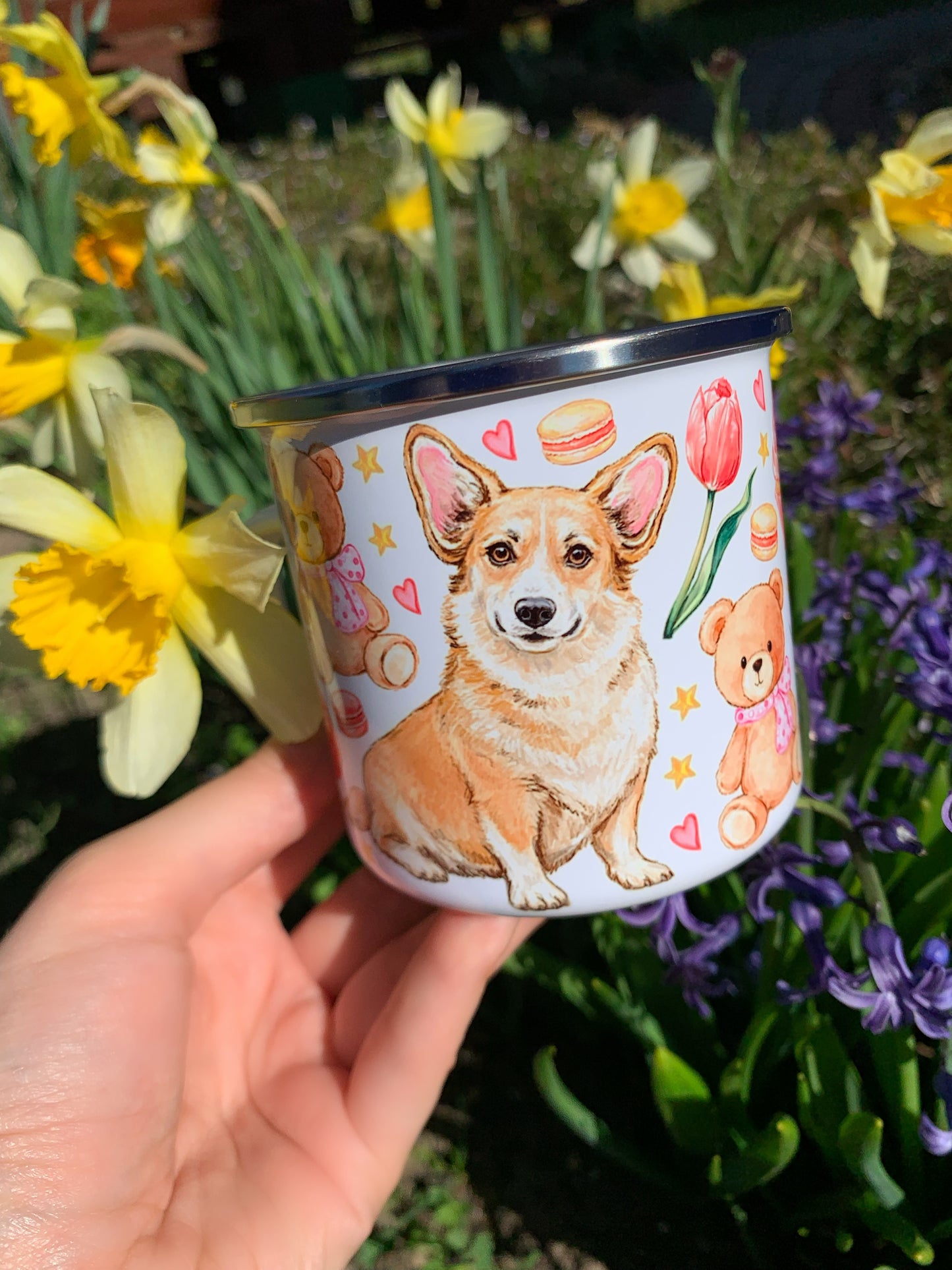 Corgi kutyás bögre - Kézzel festett Corgi kutya Maci és virág mintákkal