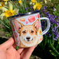 Corgi kutyás bögre - Kézzel festett Corgi kutya Maci süti és virág mintákkal
