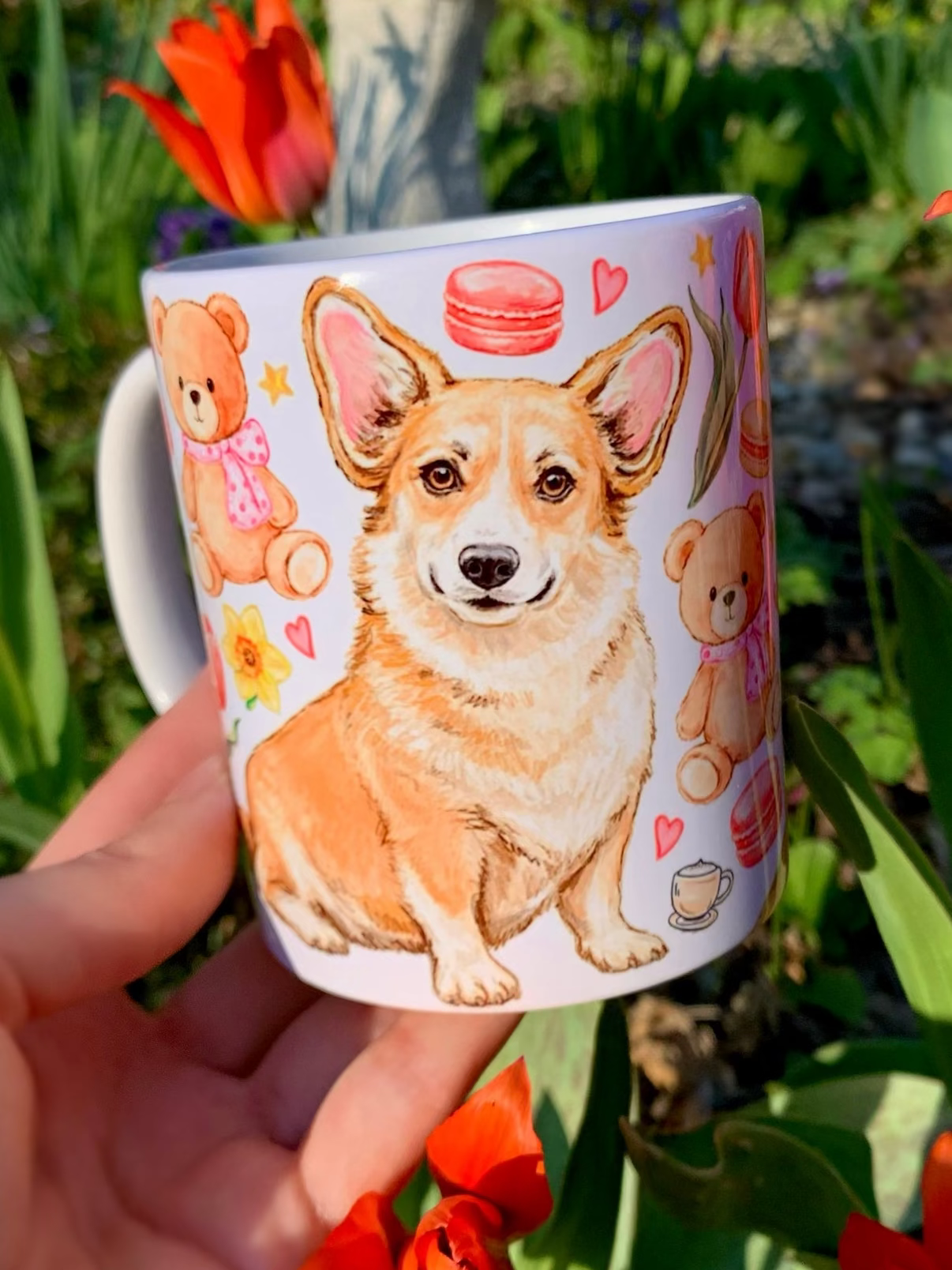 Corgi kutyás bögre - Kézzel rajzolt Corgi minta és Macis virágos minták