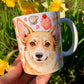 Corgi kutyás bögre - Kézzel rajzolt Corgi minta és Macis virágos minták