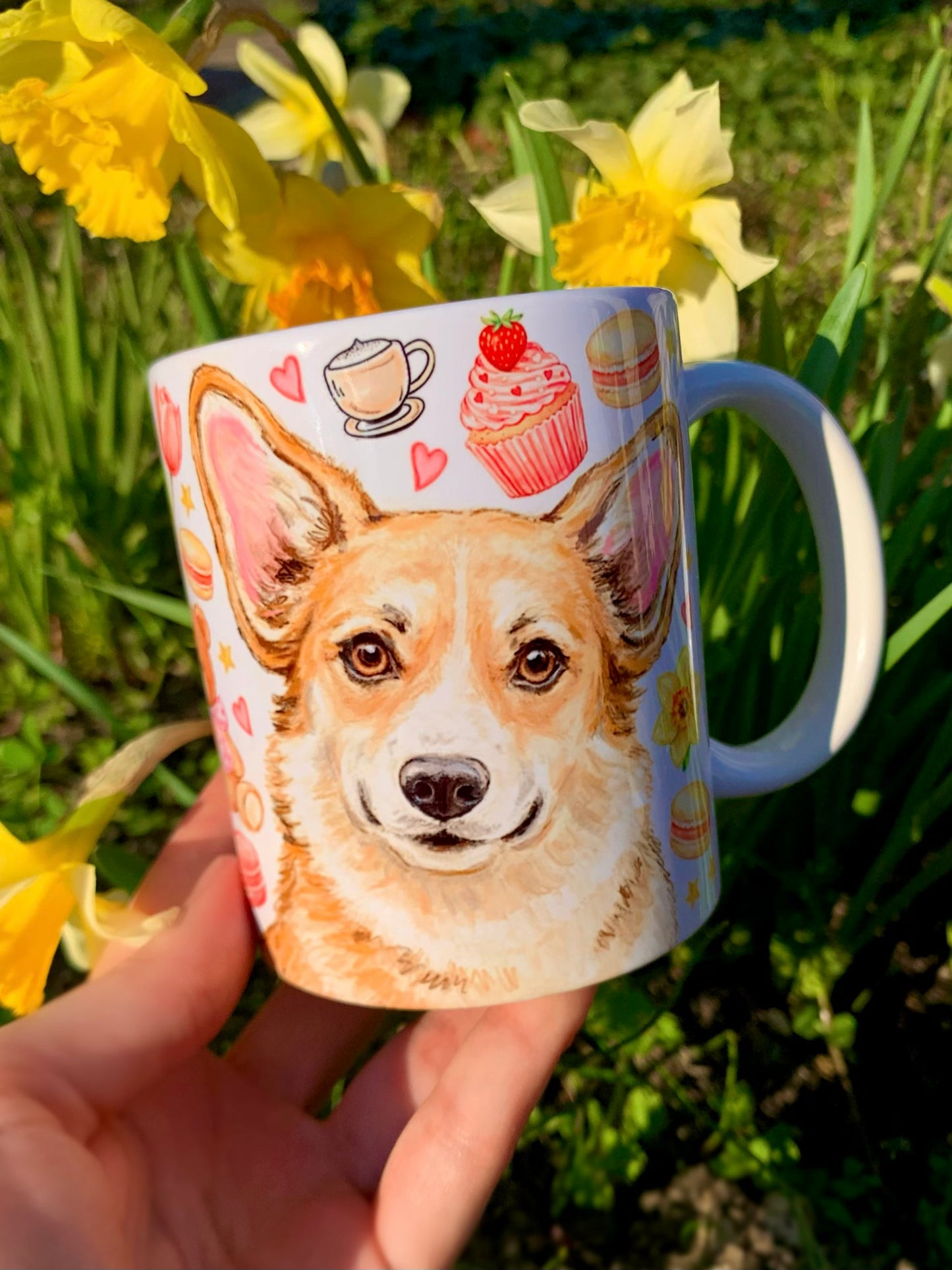 Corgi kutyás bögre - Kézzel rajzolt Corgi minta és Macis virágos minták
