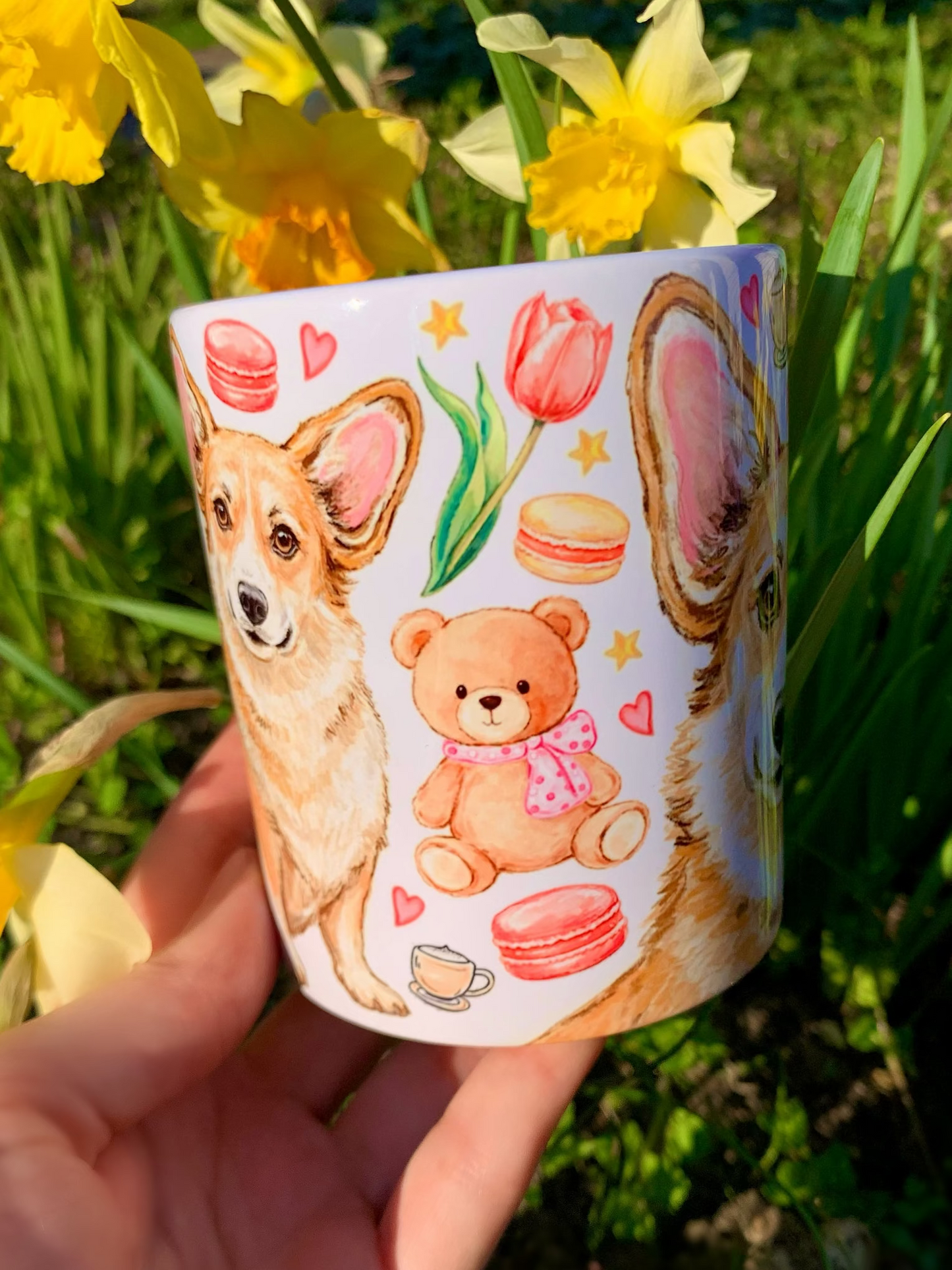 Corgi kutyás bögre - Kézzel rajzolt Corgi minta és Macis virágos minták