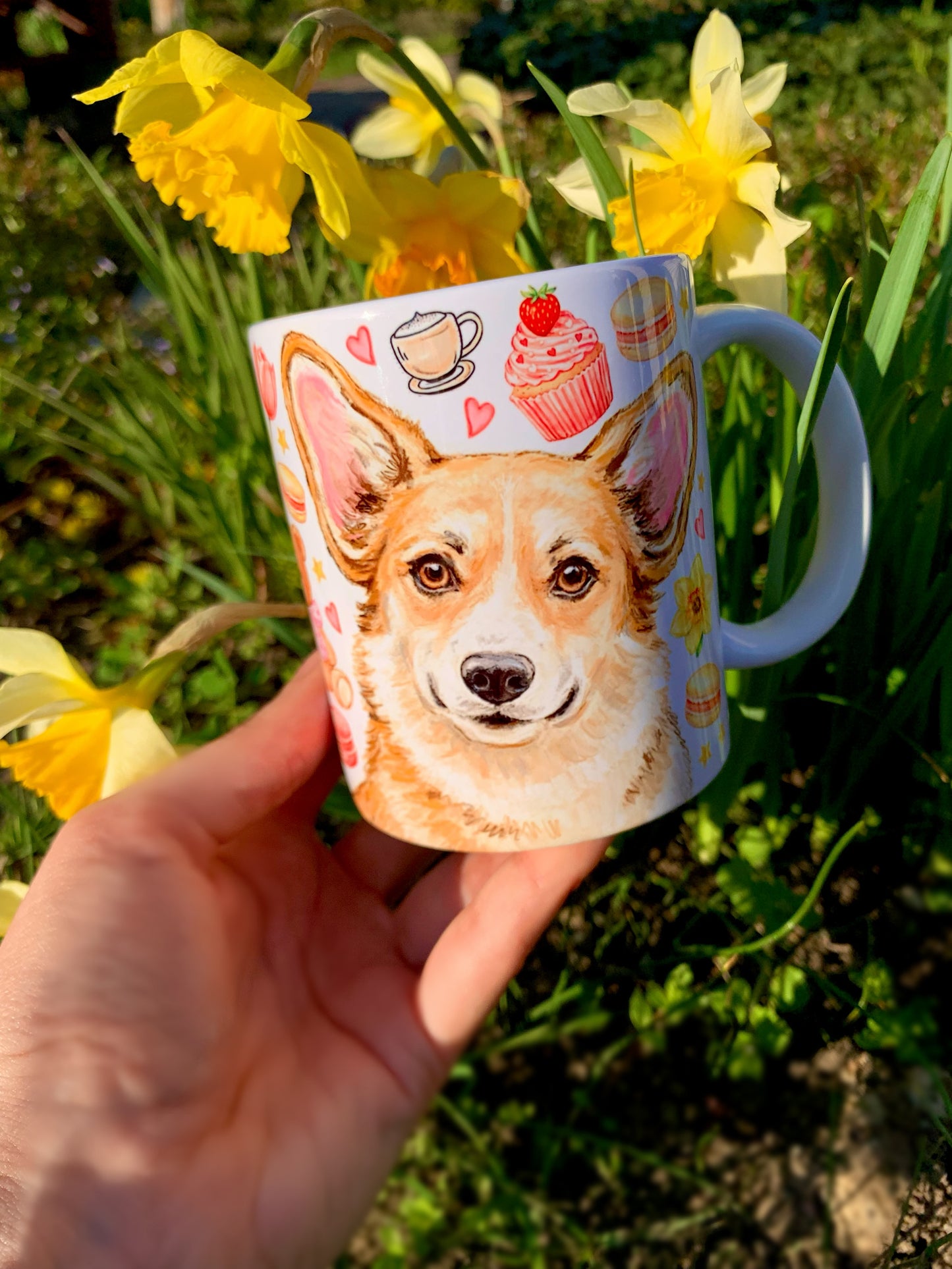 Corgi kutyás bögre - Kézzel rajzolt Corgi minta és Macis virágos minták