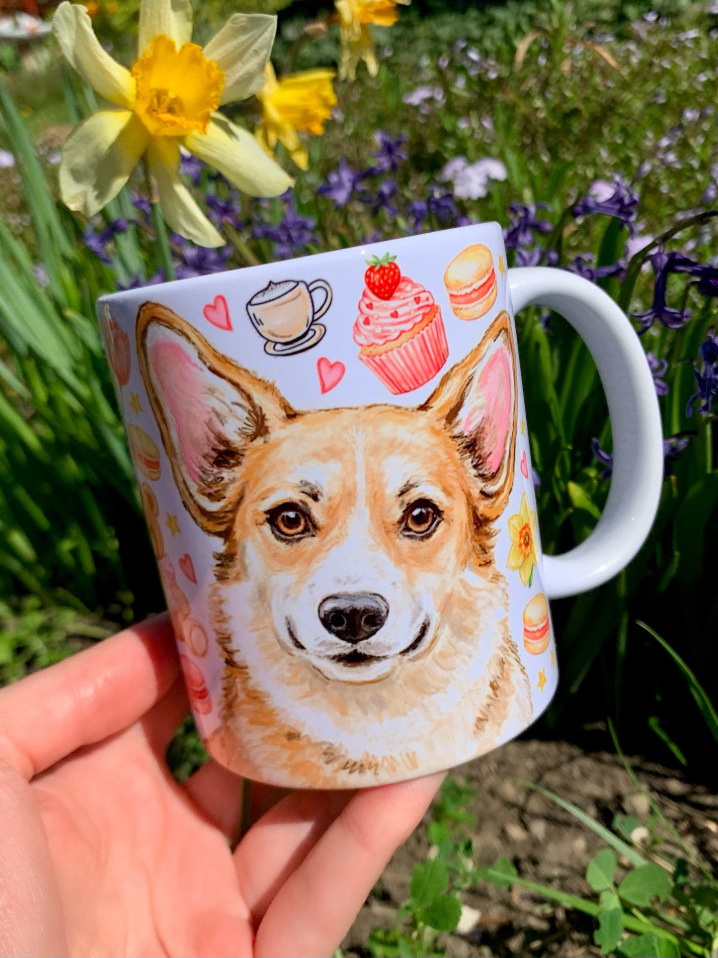 Corgi kutyás bögre - Kézzel rajzolt Corgi minta és Macis virágos minták