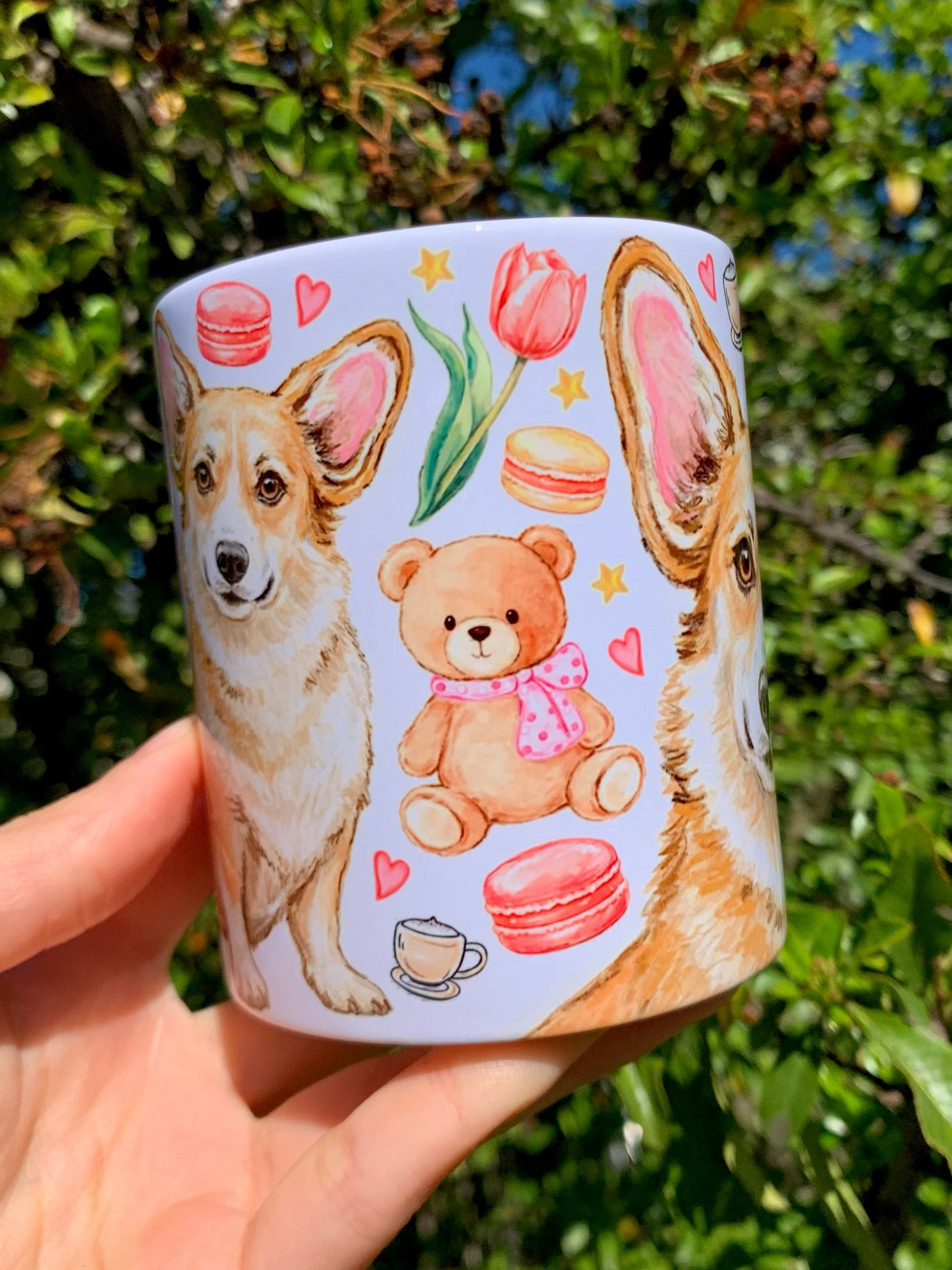 Corgi kutyás bögre - Kézzel rajzolt Corgi minta és Macis virágos minták