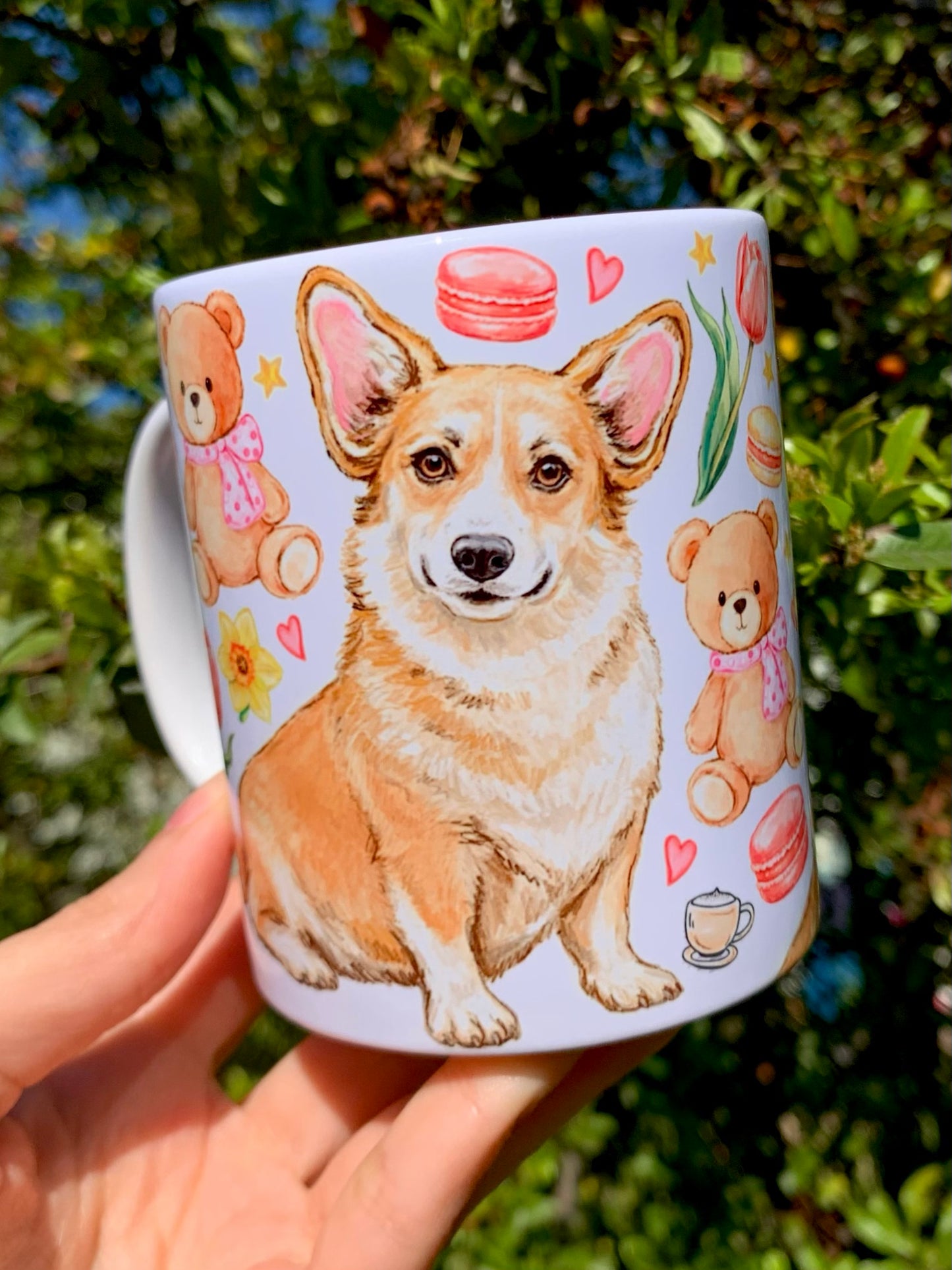 Corgi kutyás bögre - Kézzel rajzolt Corgi minta és Macis virágos minták