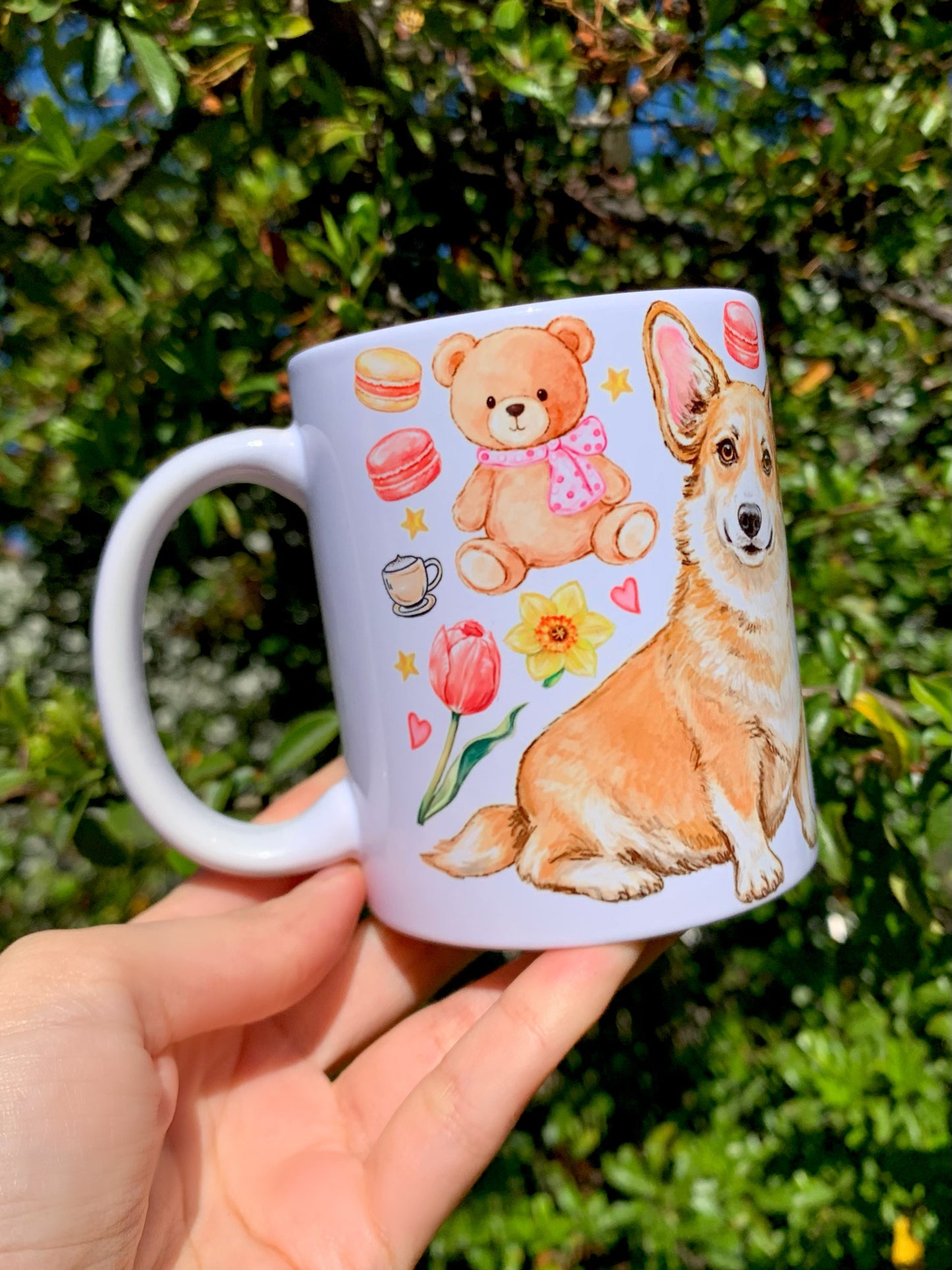 Corgi kutyás bögre - Kézzel rajzolt Corgi minta és Macis virágos minták