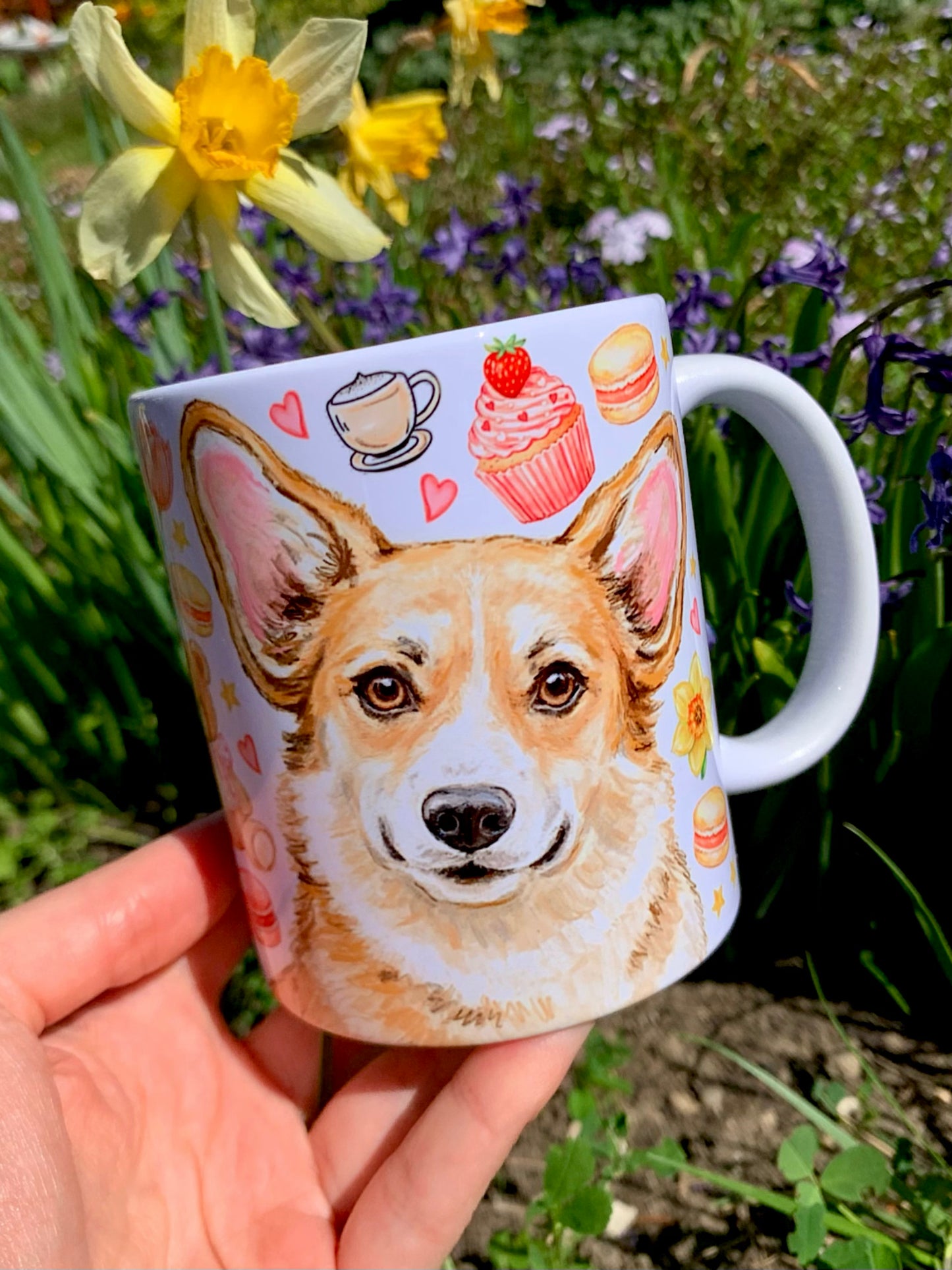 Corgi kutyás bögre - Kézzel rajzolt Corgi minta és Macis virágos minták