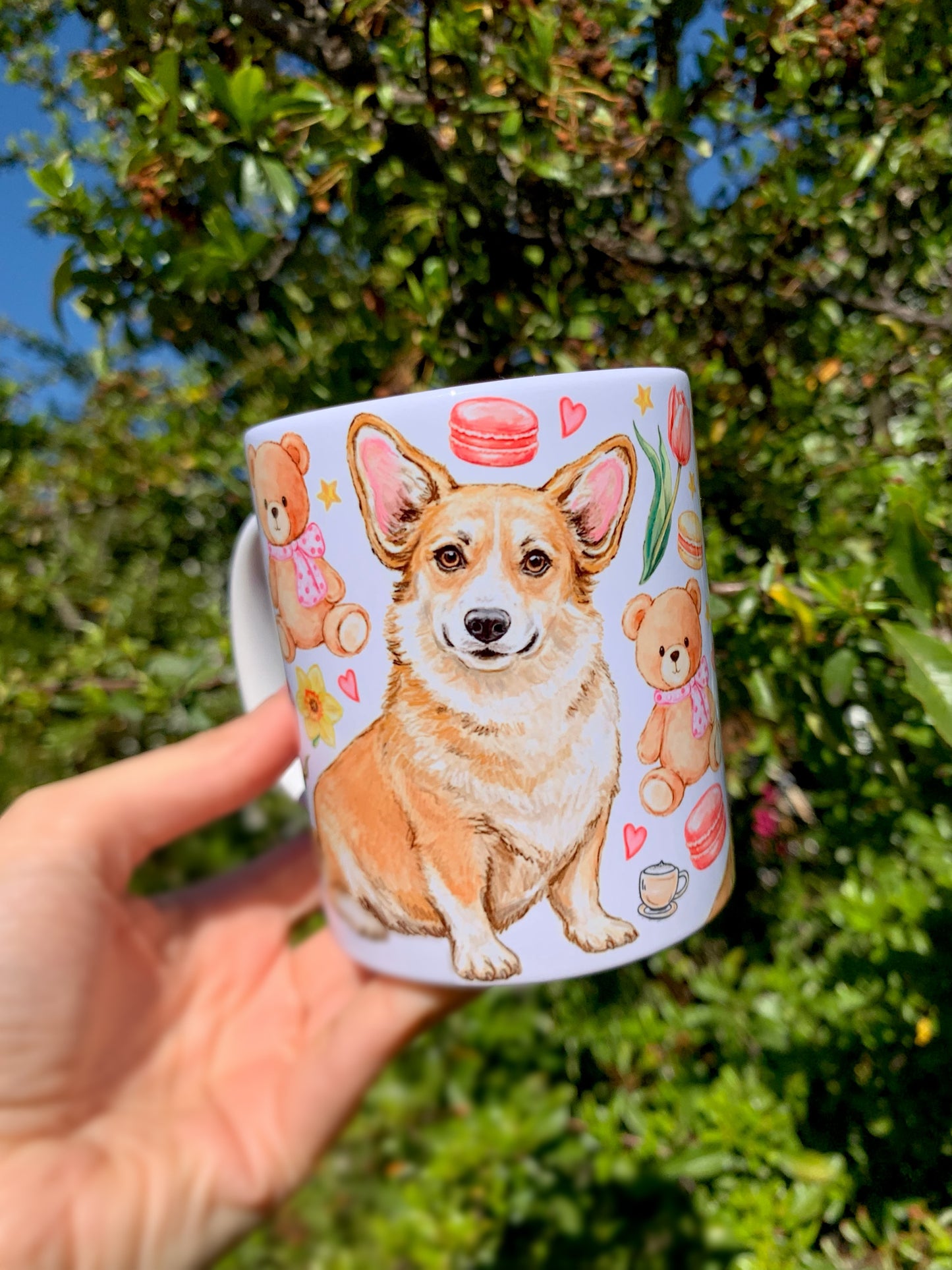 Corgi kutyás bögre - Kézzel rajzolt Corgi minta és Macis virágos minták