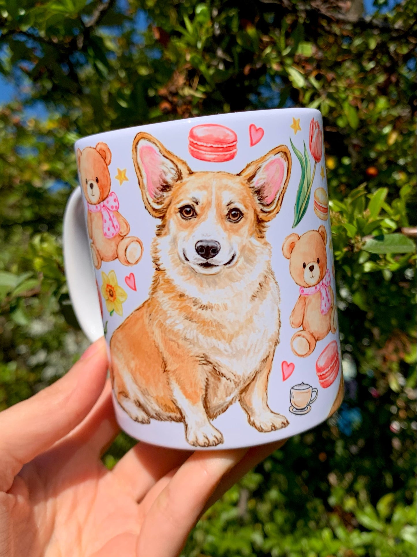 Corgi kutyás bögre - Kézzel rajzolt Corgi minta és Macis virágos minták