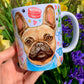 Francia bulldog bögre - Kézzel festett Francia bulldog mintával és virágokkal